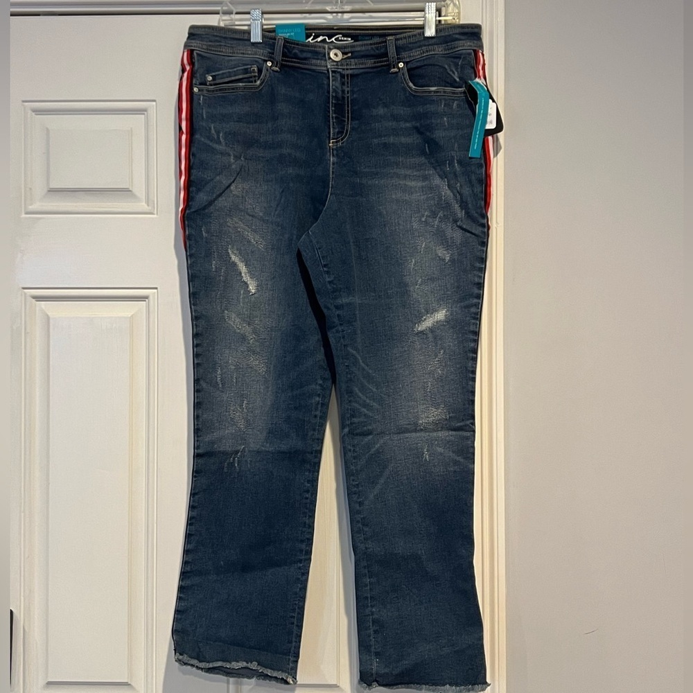 NWT! INC Skinny Leg Regular Fit Jeans w Red/ White/Black Tuxedo Stripe - Size 16